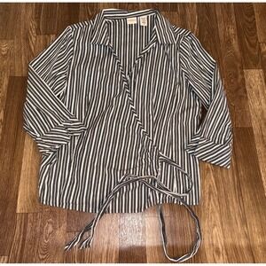 Covington Black White Striped‎ Wrap Blouse 3/4 Sleeve Tie Side Top Large